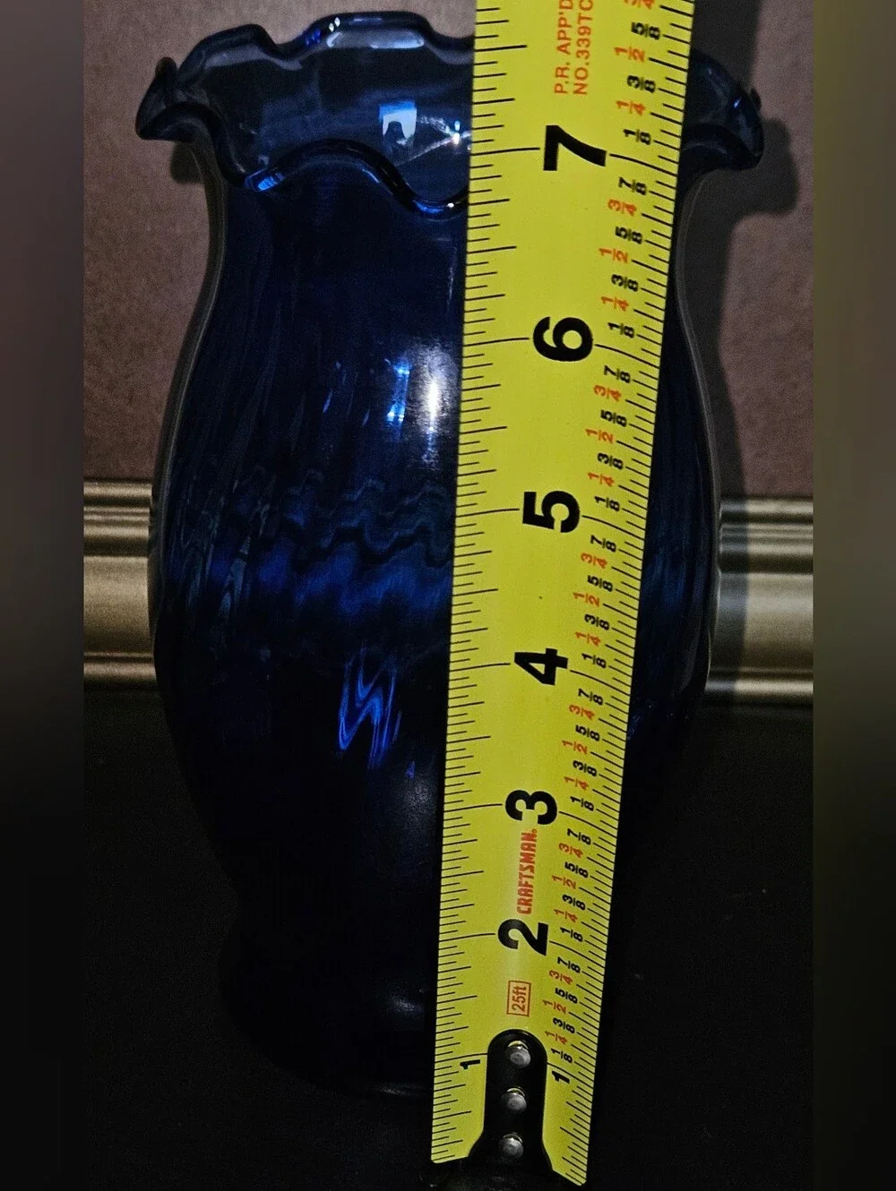 Vintage Anchor Hocking Cobalt Blue Swirl Glass Vase Ruffled/Scalloped Edge